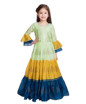 green cotton plain stitched  Gown with  Legging with Dupatta 1
