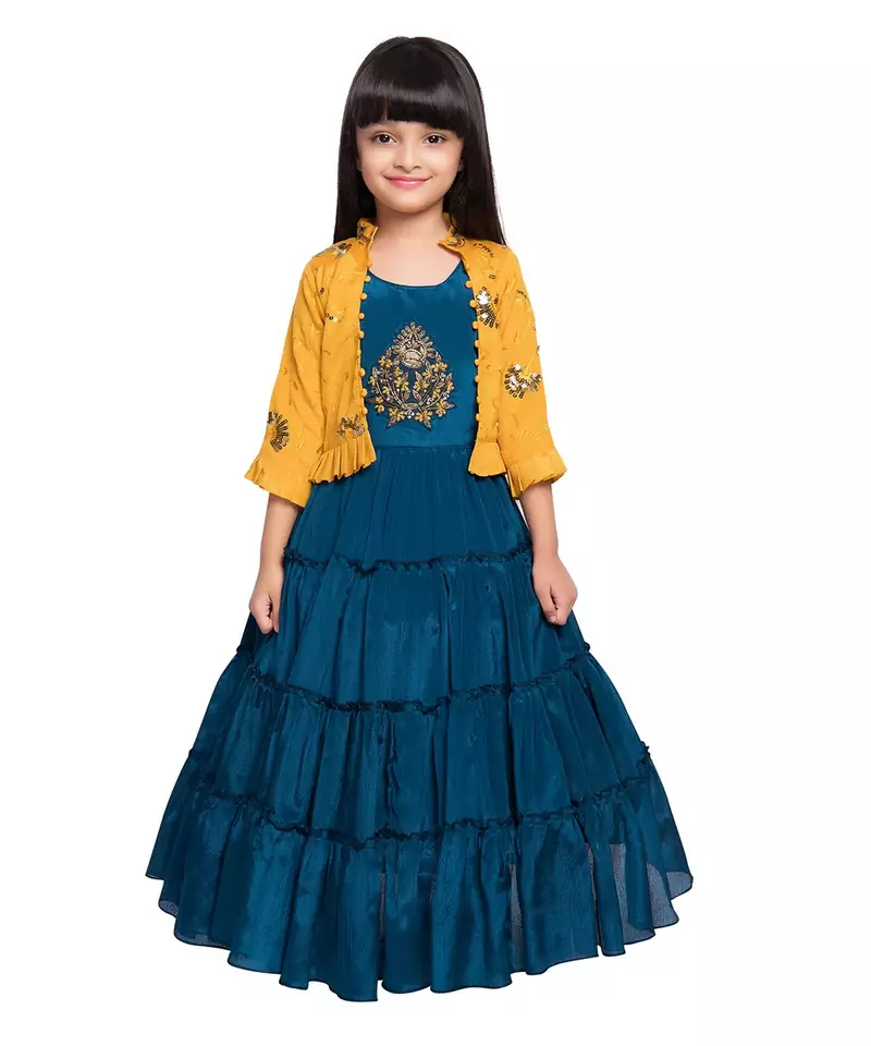 blue polyester embroidered stitched  Gown with  Jacket