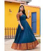 Blue Handloom Cotton Knife Pleated Fit and Flare Dress