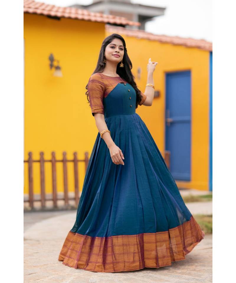 Blue Handloom Cotton Knife Pleated Fit and Flare Dress