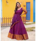 Magenta Purple Handloom Cotton Fit and Flare Dress pleat detail