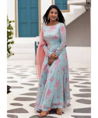 Blue Floral Satin Georgette Fit and Flare Dress Dupatta 1