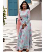 Blue Floral Satin Georgette Fit and Flare Dress Dupatta