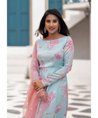 Blue Floral Satin Georgette Fit and Flare Dress Dupatta 2