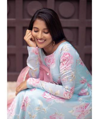 Blue Floral Satin Georgette Fit and Flare Dress Dupatta 3