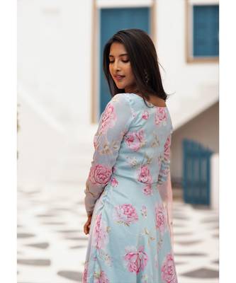 Blue Floral Satin Georgette Fit and Flare Dress Dupatta 4