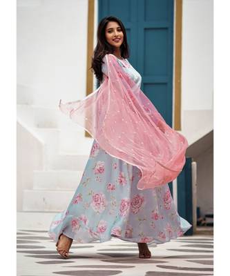 Blue Floral Satin Georgette Fit and Flare Dress Dupatta 5