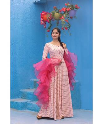 Foil Printed   Fluid Rayon Dress Organza Ruffle Dupatta. 1