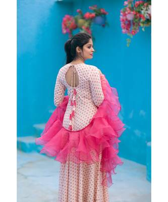 Foil Printed   Fluid Rayon Dress Organza Ruffle Dupatta. 2
