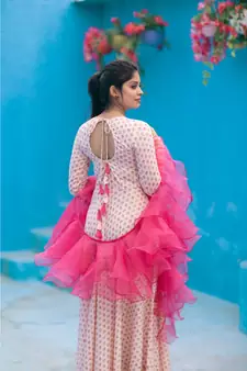 Foil Printed   Fluid Rayon Dress Organza Ruffle Dupatta.