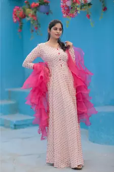 Foil Printed   Fluid Rayon Dress Organza Ruffle Dupatta.