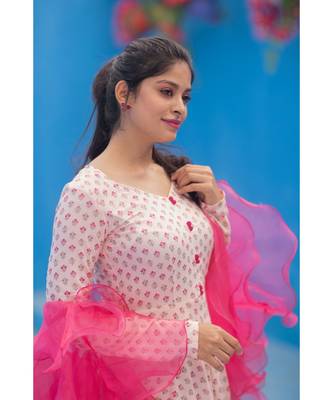 Foil Printed   Fluid Rayon Dress Organza Ruffle Dupatta. 4