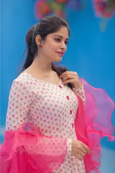 Foil Printed   Fluid Rayon Dress Organza Ruffle Dupatta.
