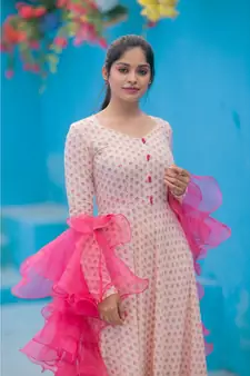 Foil Printed   Fluid Rayon Dress Organza Ruffle Dupatta.