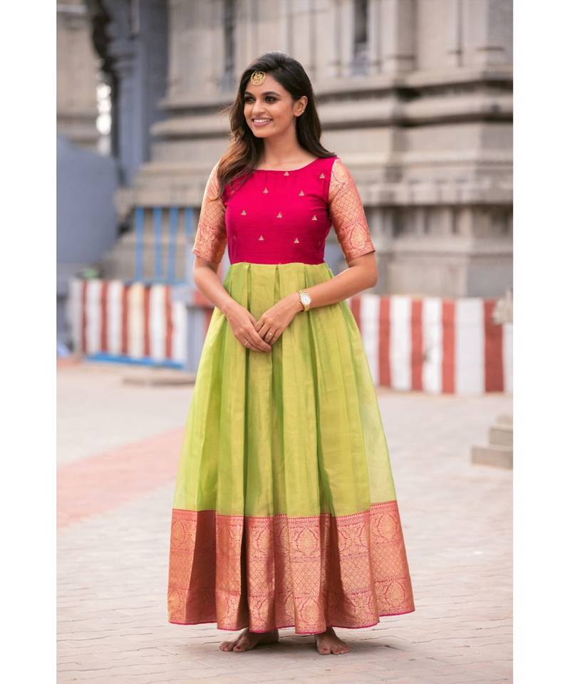 Pink Dupion box pleats Green Banarasi Tissue Flare The Anarkali - Main Image