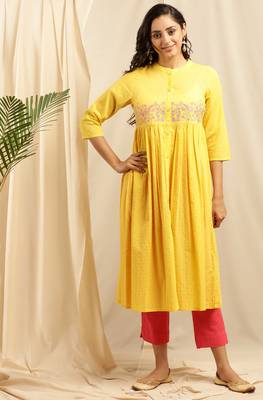 Janasya Yellow embroidered cotton kurta 1