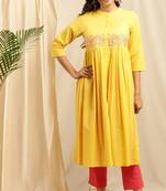 Janasya Yellow embroidered cotton kurta