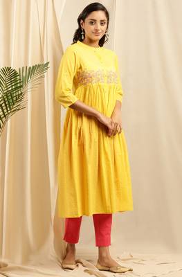 Janasya Yellow embroidered cotton kurta 3