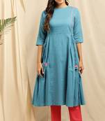 Janasya Blue embroidered cotton kurta