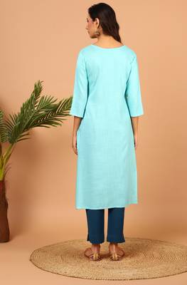 Janasya Turquoise embroidered rayon kurta 4
