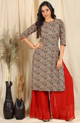 Janasya Beige printed cotton kurta 1