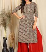 Janasya Beige printed cotton kurta