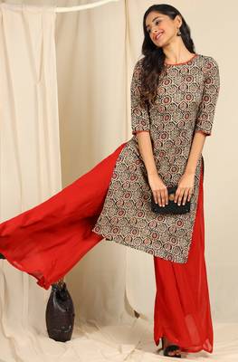 Janasya Beige printed cotton kurta 3