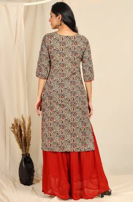 Janasya Beige printed cotton kurta 4