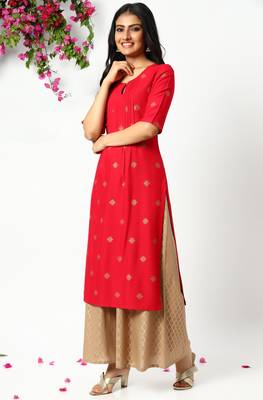 Janasya Pink printed rayon kurta 1