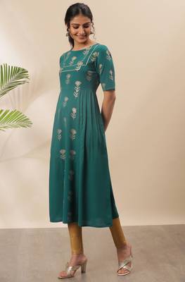 Janasya Teal printed crepe kurta 2