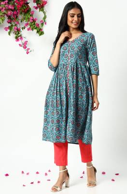 Janasya Blue printed cotton kurta 1