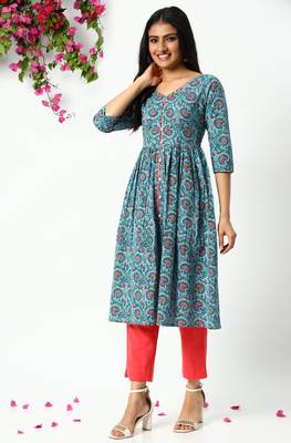 Janasya Blue printed cotton kurta 2