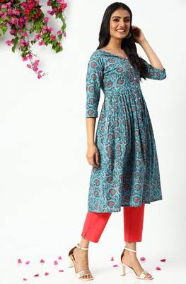 Janasya Blue printed cotton kurta 3