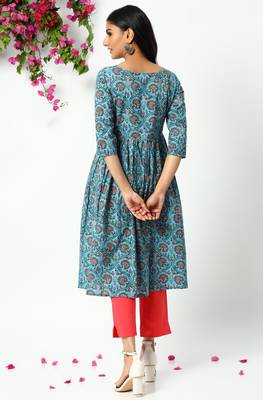 Janasya Blue printed cotton kurta 4