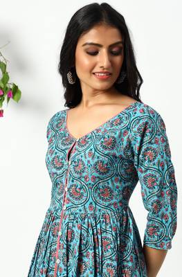 Janasya Blue printed cotton kurta 5