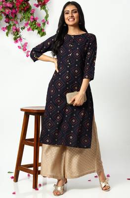 Navy blue printed rayon kurta 1