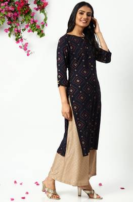 Navy blue printed rayon kurta 3