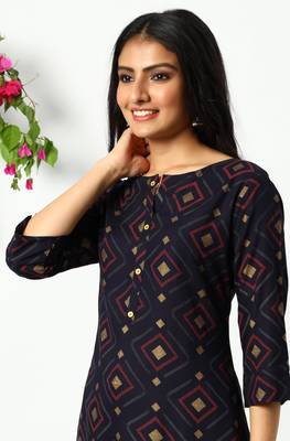 Navy blue printed rayon kurta 5