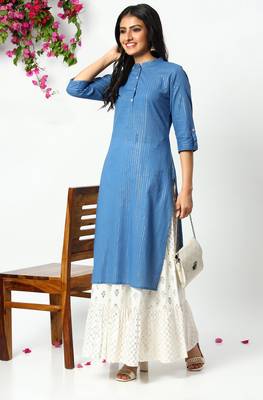 Janasya Blue printed cotton kurta 1