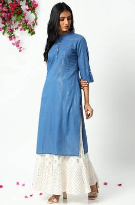 Janasya Blue printed cotton kurta 2