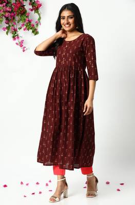 Janasya Brown printed cotton kurta 1