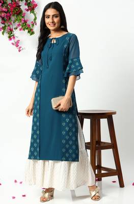 Teal printed crepe kurta 1