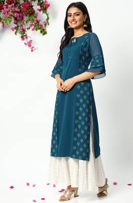 Teal printed crepe kurta 2
