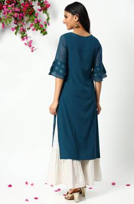 Teal printed crepe kurta 4