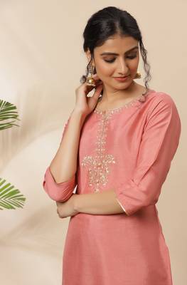 Peach embroidered silk kurta 5