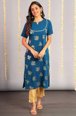 Janasya Teal printed crepe kurta 1