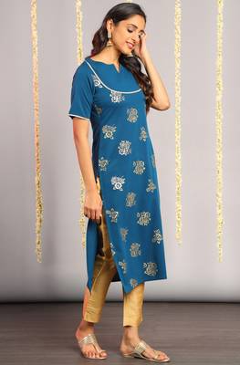 Janasya Teal printed crepe kurta 3