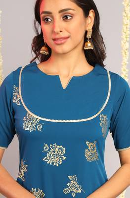 Janasya Teal printed crepe kurta 5