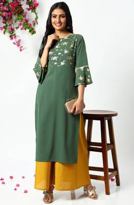 Janasya Green printed crepe kurta 1