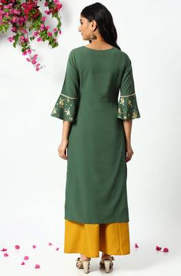 Janasya Green printed crepe kurta 4